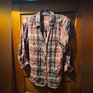 Y2K Women's Maurice's Plaid Flannel 3/4 Sleeve Tie Back Top